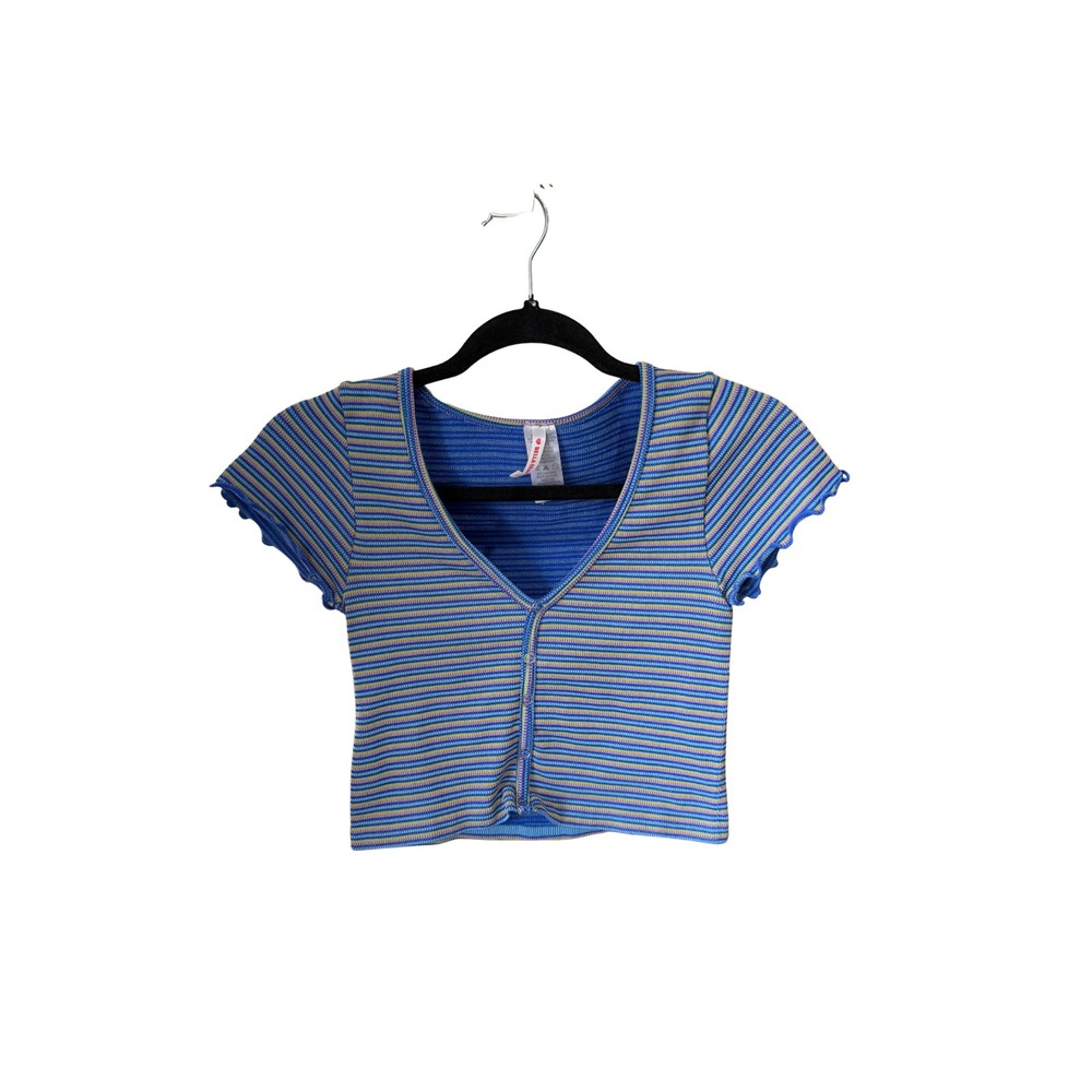 Bella Seamless Striped Ribbed Cropped Top Blue Green Short Sleeve Button Front - Picture 2 of 7